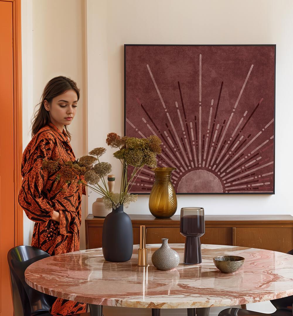 Stylish decor with VISNE UP SUN, BOHO ART PAINTINGS enhancing the space with vibrant colors and unique charm.
