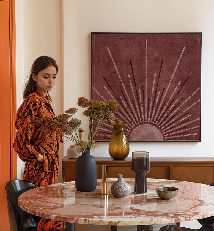 Stylish decor with VISNE UP SUN, BOHO ART PAINTINGS enhancing the space with vibrant colors and unique charm.