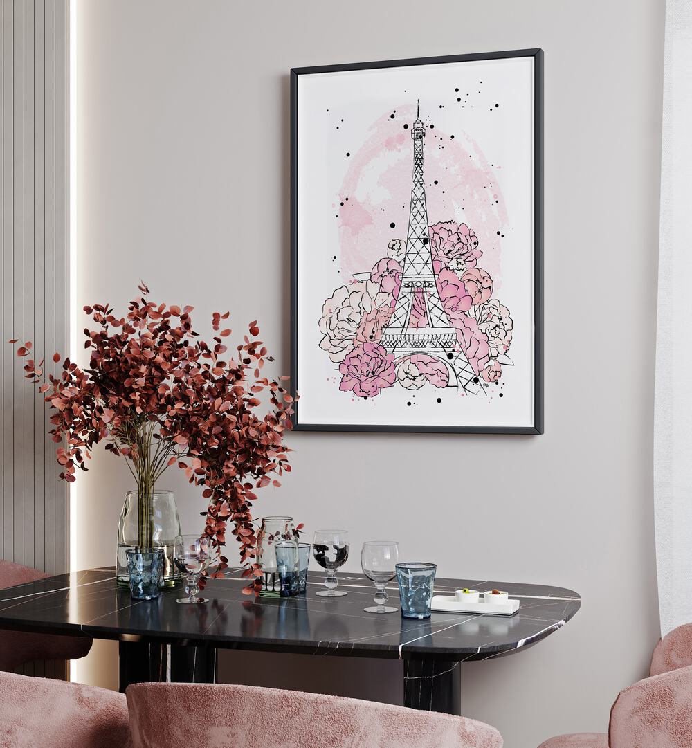 PEONY PARIS, FASHION POSTERS featuring the Eiffel Tower surrounded by vibrant pink peonies, perfect for elegant décor.