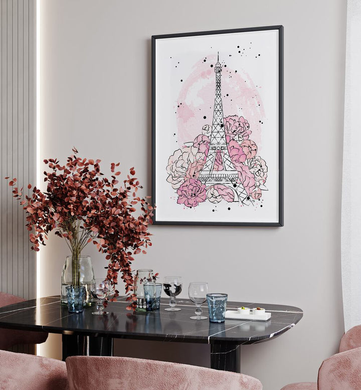 PEONY PARIS, FASHION POSTERS featuring the Eiffel Tower surrounded by vibrant pink peonies, perfect for elegant décor.