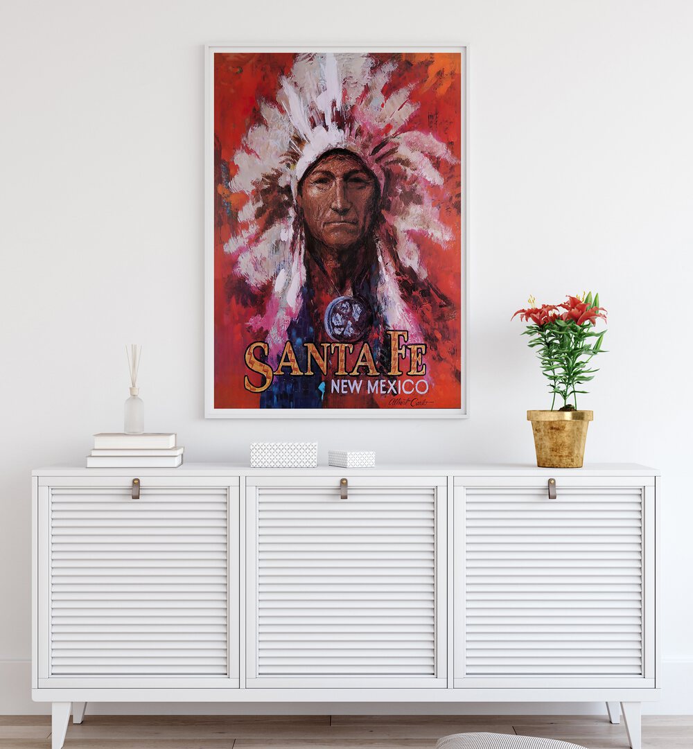 Stunning SANTAFE NEW MEXICO, VINTAGE TRAVEL POSTERS showcasing Native American heritage and vibrant colors for decor.