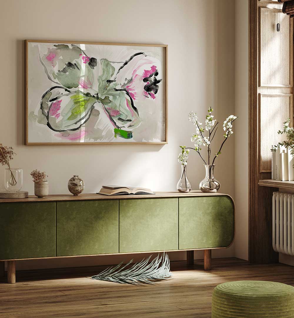 Vibrant PURPLE VIOLET PINK II, FLORAL FLOWER PAINTINGS enhancing a stylish home decor setting with natural light.