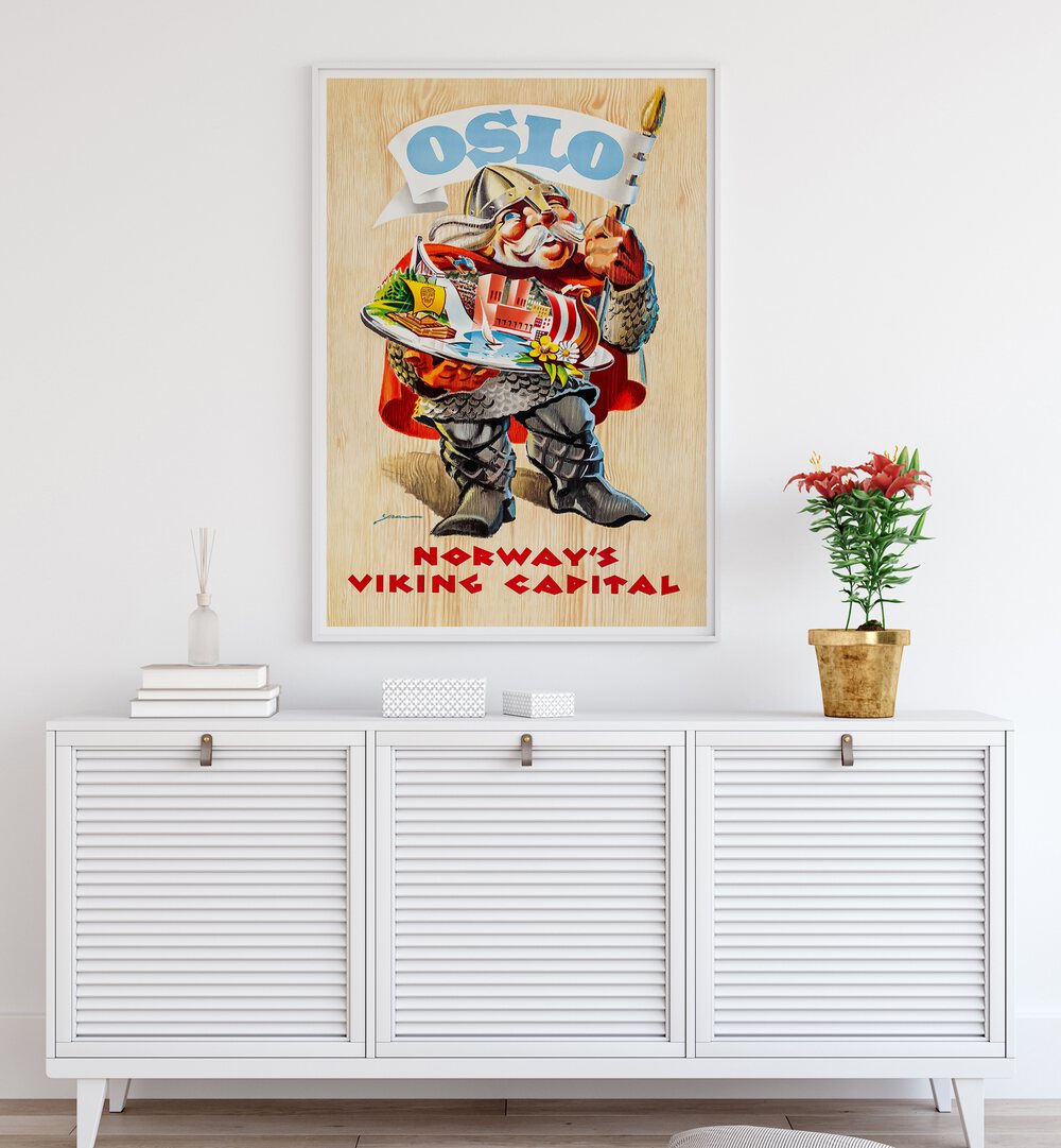 OSLO, VINTAGE TRAVEL POSTERS featuring a vibrant Viking character, perfect for adding charm to any space.