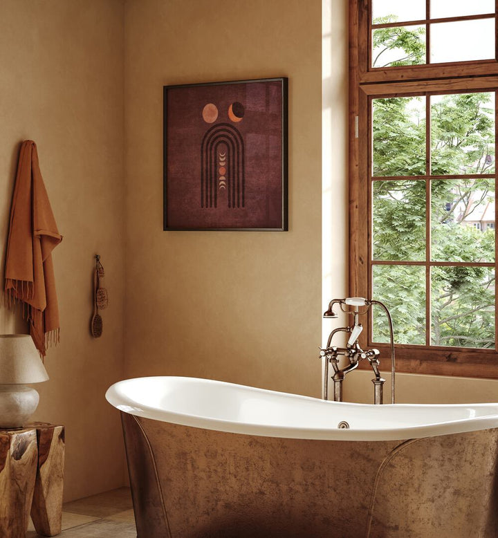 Visne Watercolor Moon Phase, Boho Art Paintings in a serene bathroom setting, enhancing the space's elegance and style.