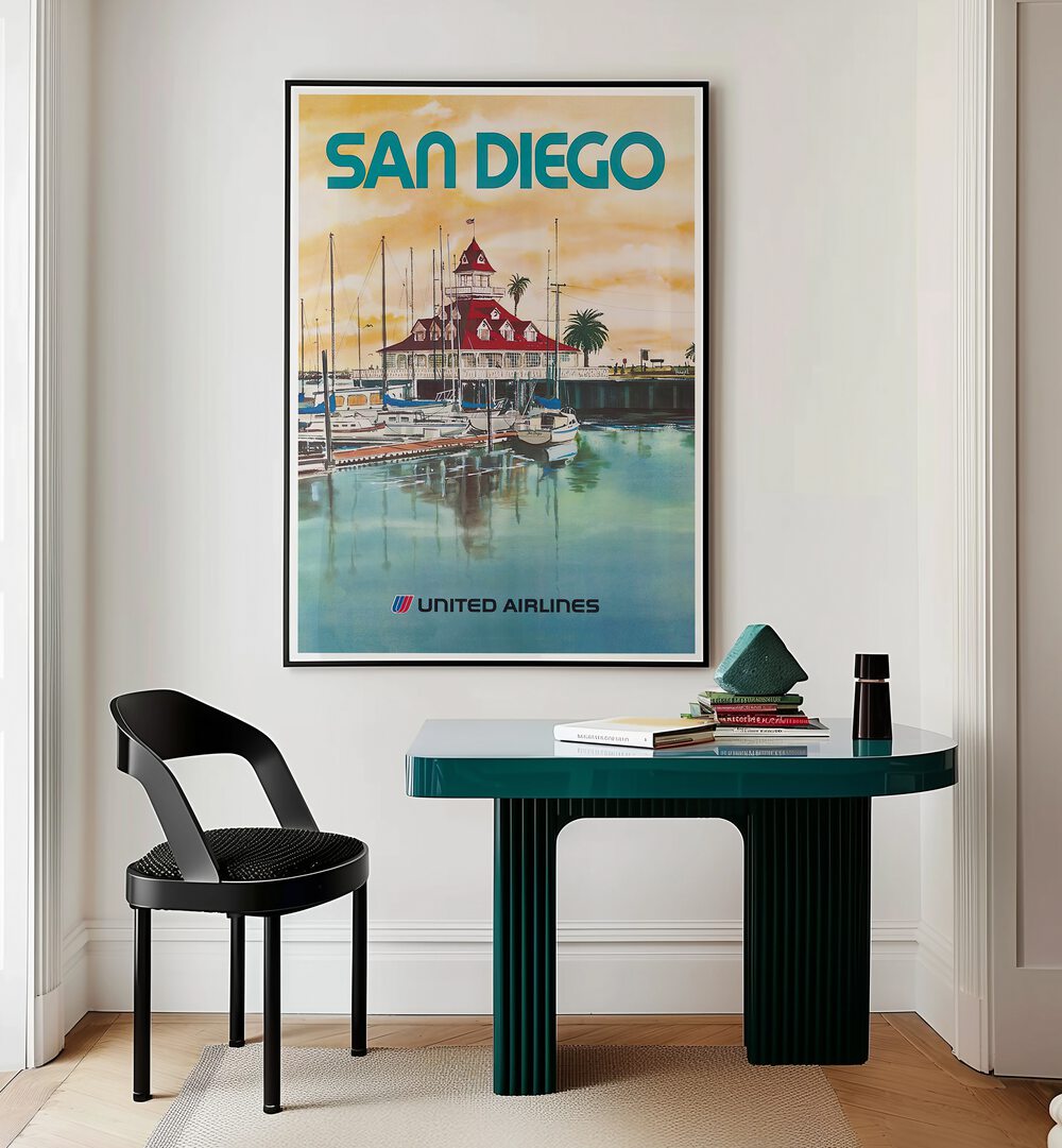 Stylish SAN DIEGO, VINTAGE TRAVEL POSTERS adorn a modern interior, capturing California's coastal charm beautifully.
