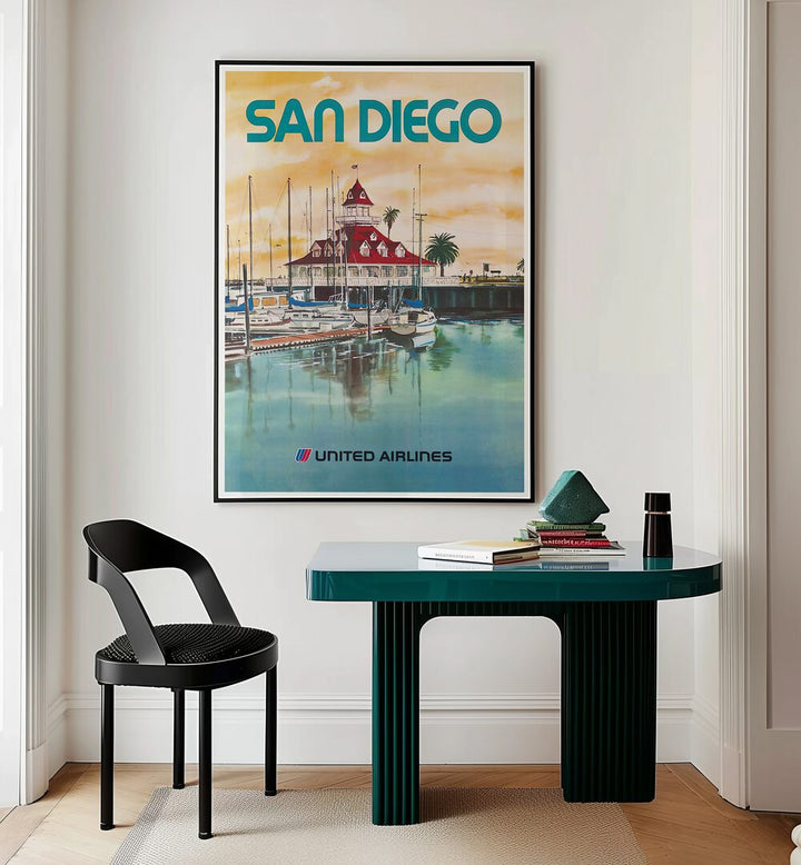 Stylish SAN DIEGO, VINTAGE TRAVEL POSTERS adorn a modern interior, capturing California's coastal charm beautifully.