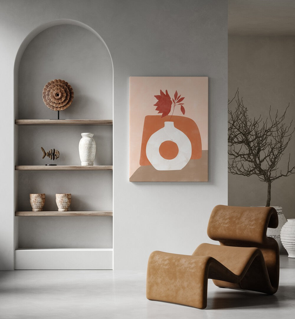 Stylish WHITE FLOWER POT and BOHO ART PAINTINGS enhance modern decor in a chic living space by Elena Ristova.