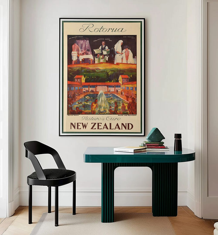 Vintage travel poster of Rotorua, showcasing the beauty of NEW ZEALAND, VINTAGE TRAVEL POSTERS for home decor.