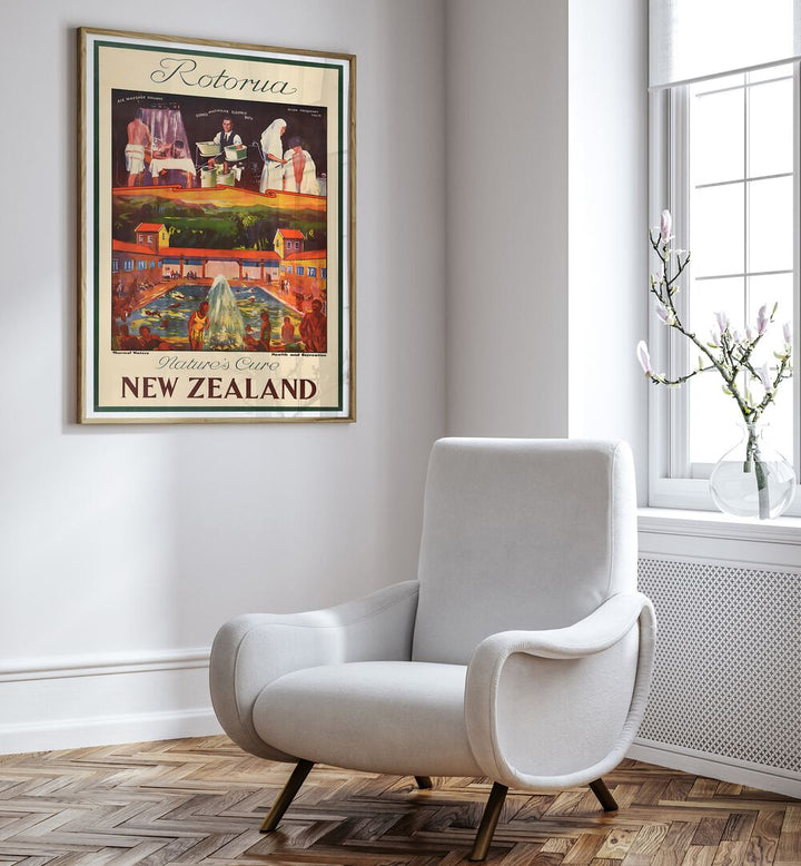 Vintage travel poster showcasing the beauty of New Zealand, perfect for decor enthusiasts. NEW ZEALAND, VINTAGE TRAVEL POSTERS.