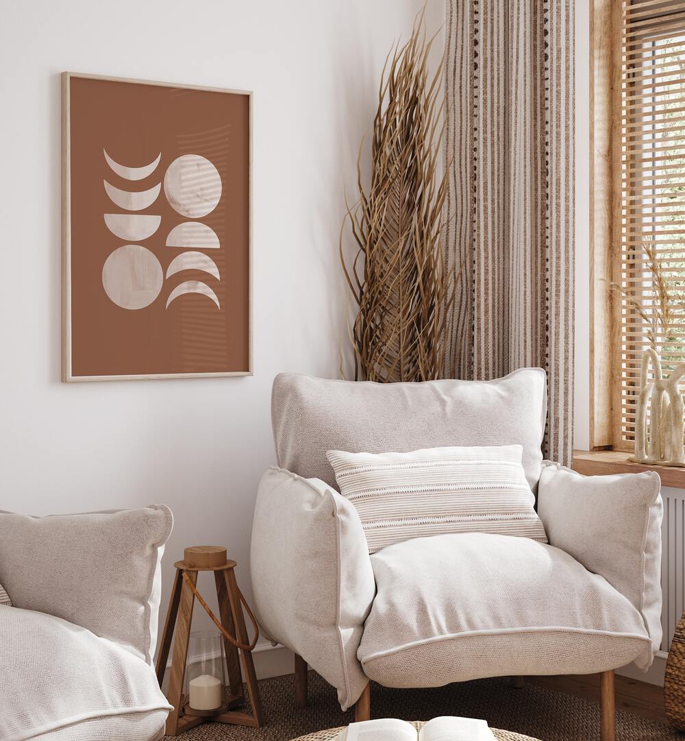 MOON PHASE III, BOHO ART PAINTINGS adorn a cozy living space, celebrating the moon's enchanting cycle.
