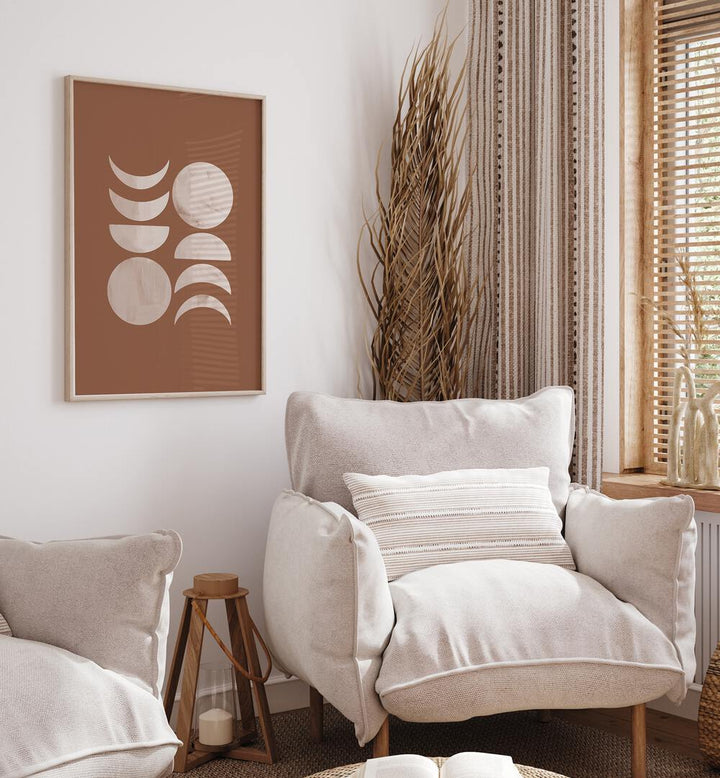 MOON PHASE III, BOHO ART PAINTINGS adorn a cozy living space, celebrating the moon's enchanting cycle.