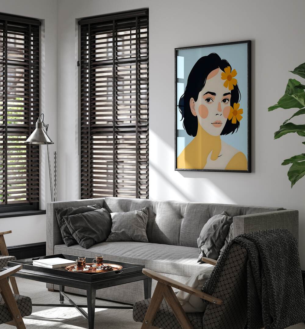 Stylish living room featuring VARIEGATED HUMAN, PORTRAITS by Uma Gokhale, showcasing vibrant human diversity.