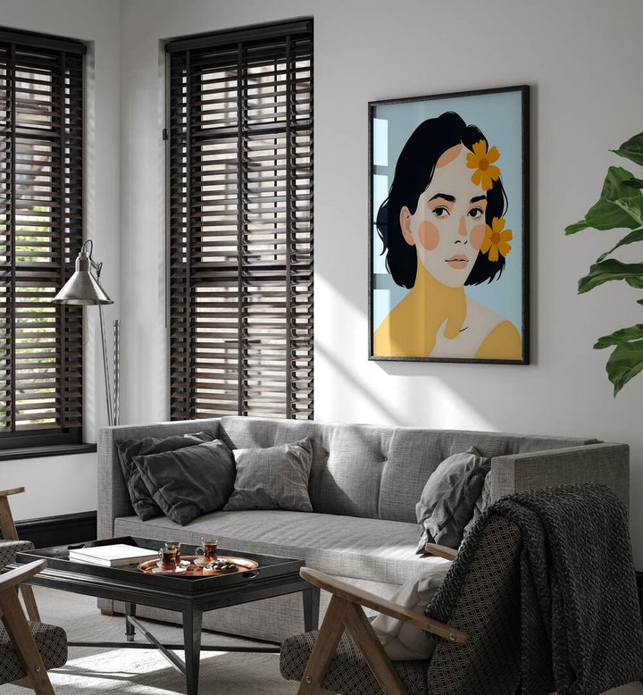 Stylish living room featuring VARIEGATED HUMAN, PORTRAITS by Uma Gokhale, showcasing vibrant human diversity.