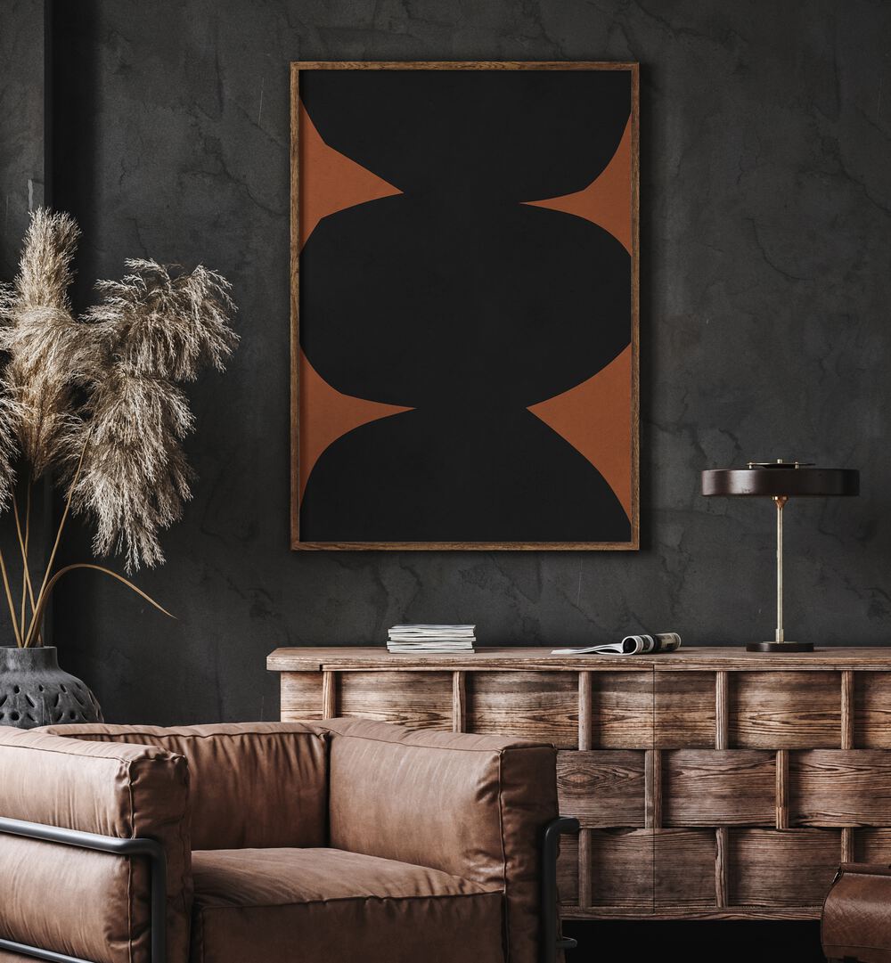 Stylish living room featuring TRIBAL VII, GEOMETRIC ART PRINTS, showcasing bold tribal patterns and abstract design.
