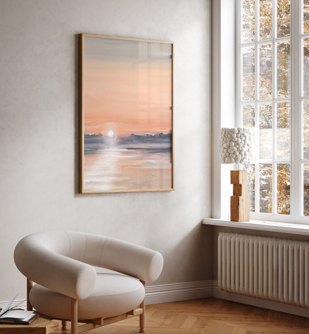 Transform your space with Satin Skies, Landscape Paintings showcasing serene sunset reflections in a stylish setting.
