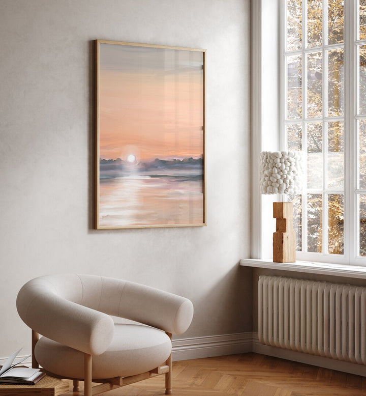 Transform your space with Satin Skies, Landscape Paintings showcasing serene sunset reflections in a stylish setting.