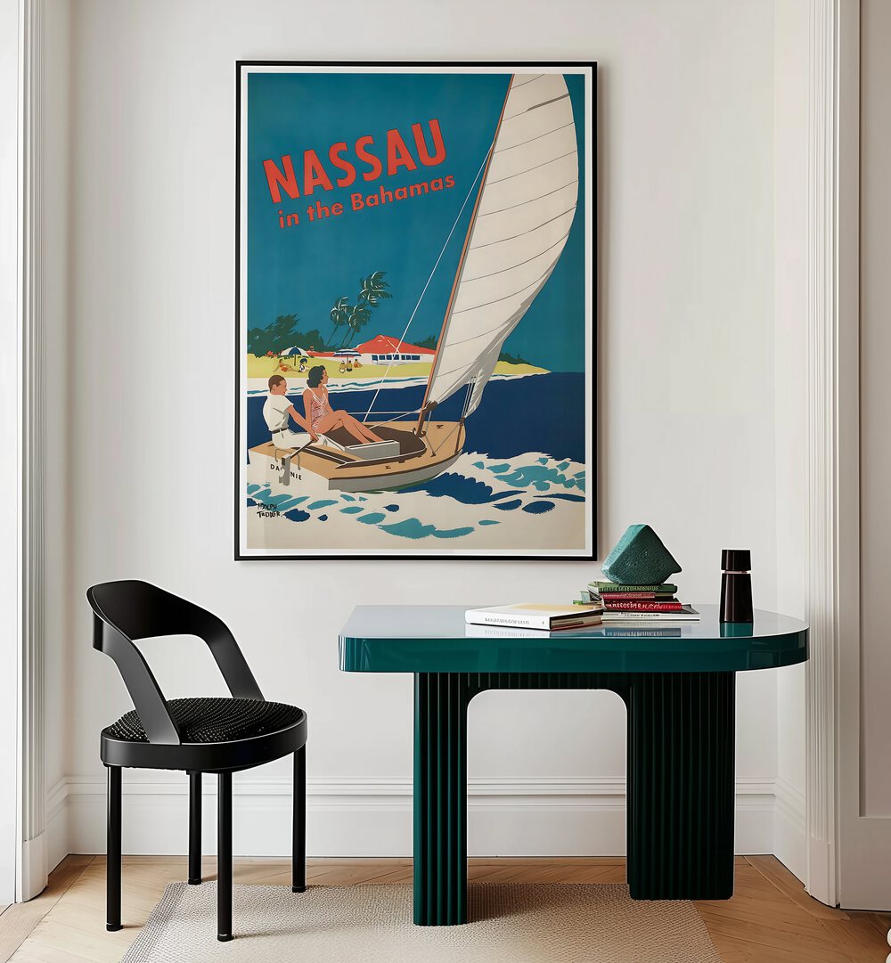 NASSAU I, VINTAGE TRAVEL POSTERS showcase a sailing scene, capturing the charm of Nassau’s Caribbean beauty.