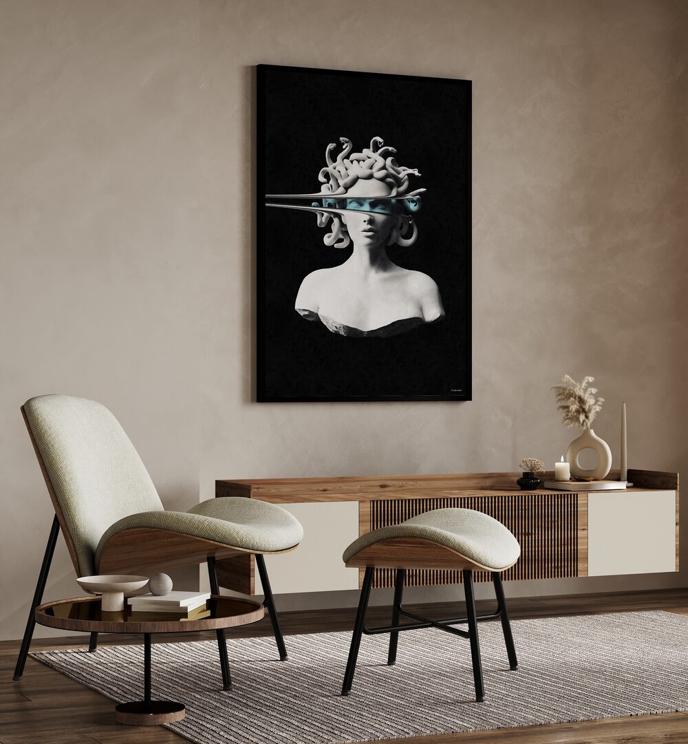 Stunning PORTRAIT OF MEDUSA, ALTERED ART PRINTS by UNDERDOTT, blending classic artistry with modern design.