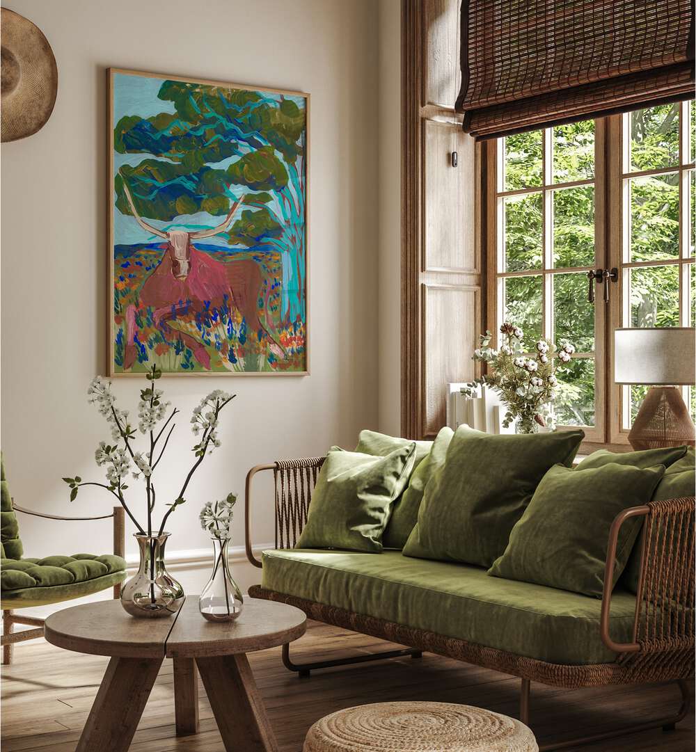 Elevate your decor with TEXAS HILL COUNTRY LONGHORN, ANIMAL PAINTINGS by Eleanor Baker, showcasing Texas' rustic beauty.