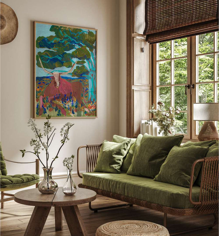 Elevate your decor with TEXAS HILL COUNTRY LONGHORN, ANIMAL PAINTINGS by Eleanor Baker, showcasing Texas' rustic beauty.