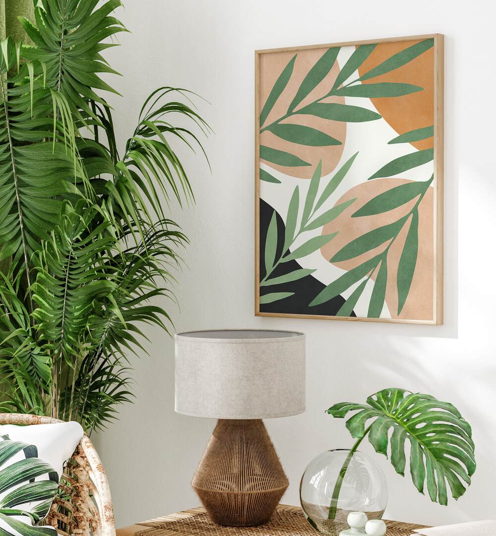 Stylish interior featuring TROPICAL V, BOHO ART PAINTINGS, surrounded by lush greens for a vibrant atmosphere.