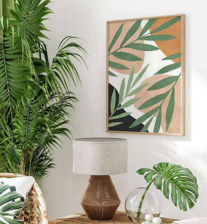 Stylish interior featuring TROPICAL V, BOHO ART PAINTINGS, surrounded by lush greens for a vibrant atmosphere.