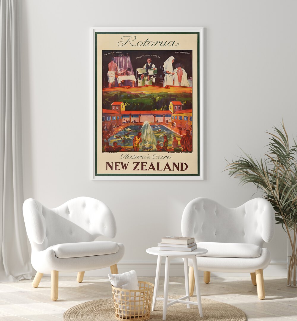 Vintage travel poster showcasing Rotorua, celebrating NEW ZEALAND, VINTAGE TRAVEL POSTERS' vibrant allure.