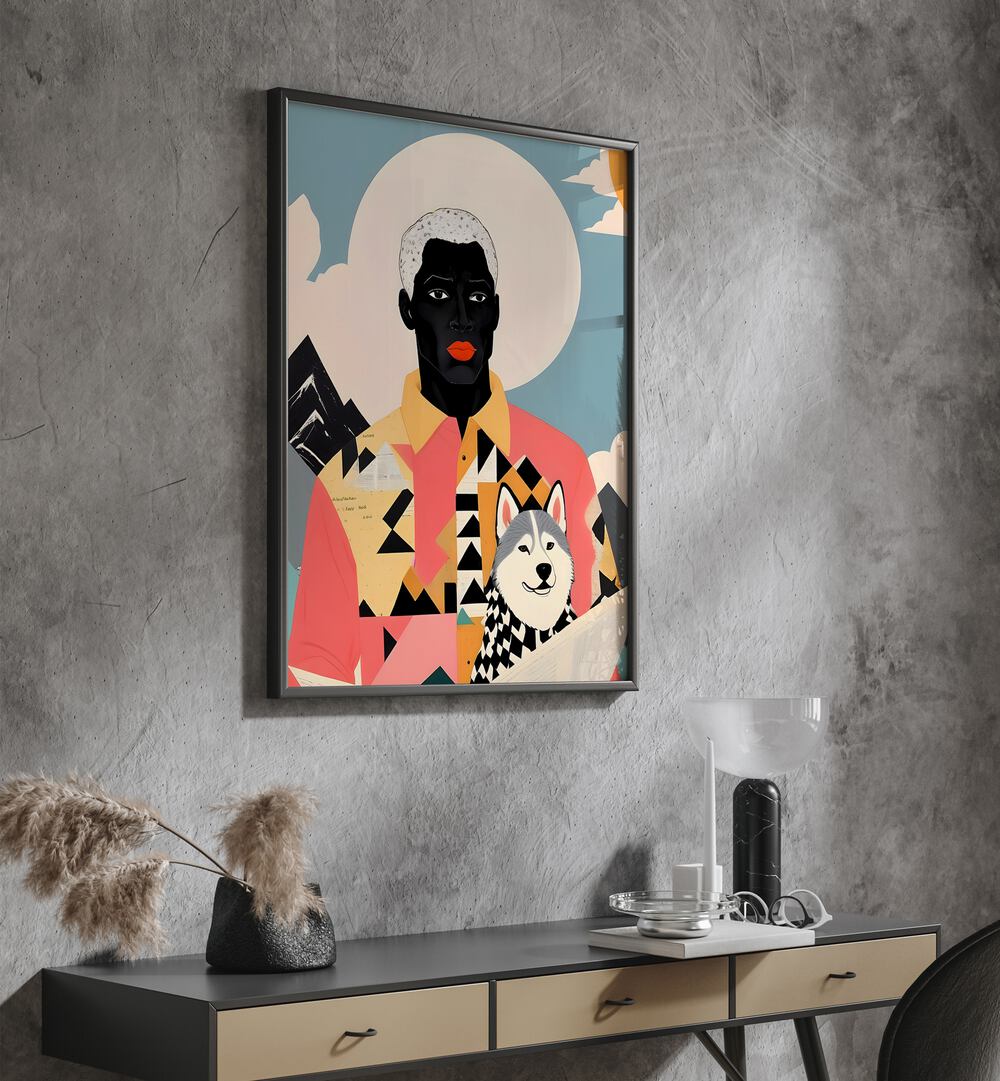 Colorful portrait featuring a figure with a dog, showcasing Uma Gokhale's WINTER COMPANION, PORTRAITS art prints.