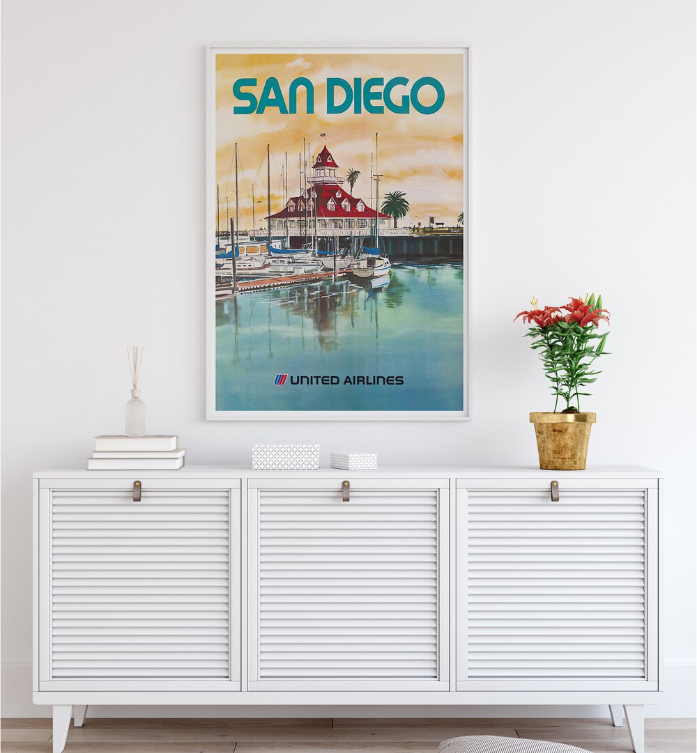 SAN DIEGO, VINTAGE TRAVEL POSTERS showcase the vibrant harbor scene, perfect for home or office decor.