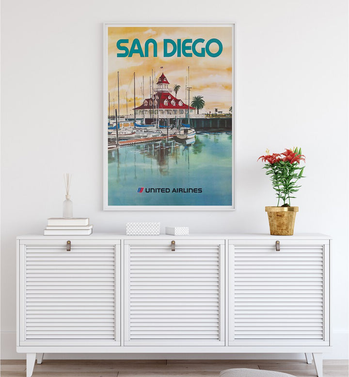 SAN DIEGO, VINTAGE TRAVEL POSTERS showcase the vibrant harbor scene, perfect for home or office decor.
