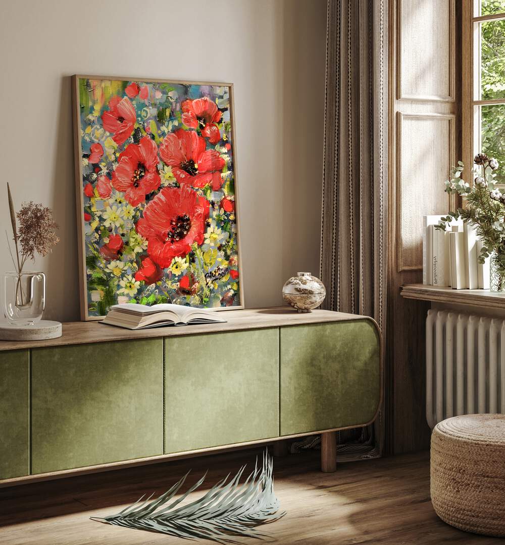 Vibrant POPPY GARDEN, FLORAL FLOWER PAINTINGS brightening a cozy living space, showcasing nature's beauty indoors.