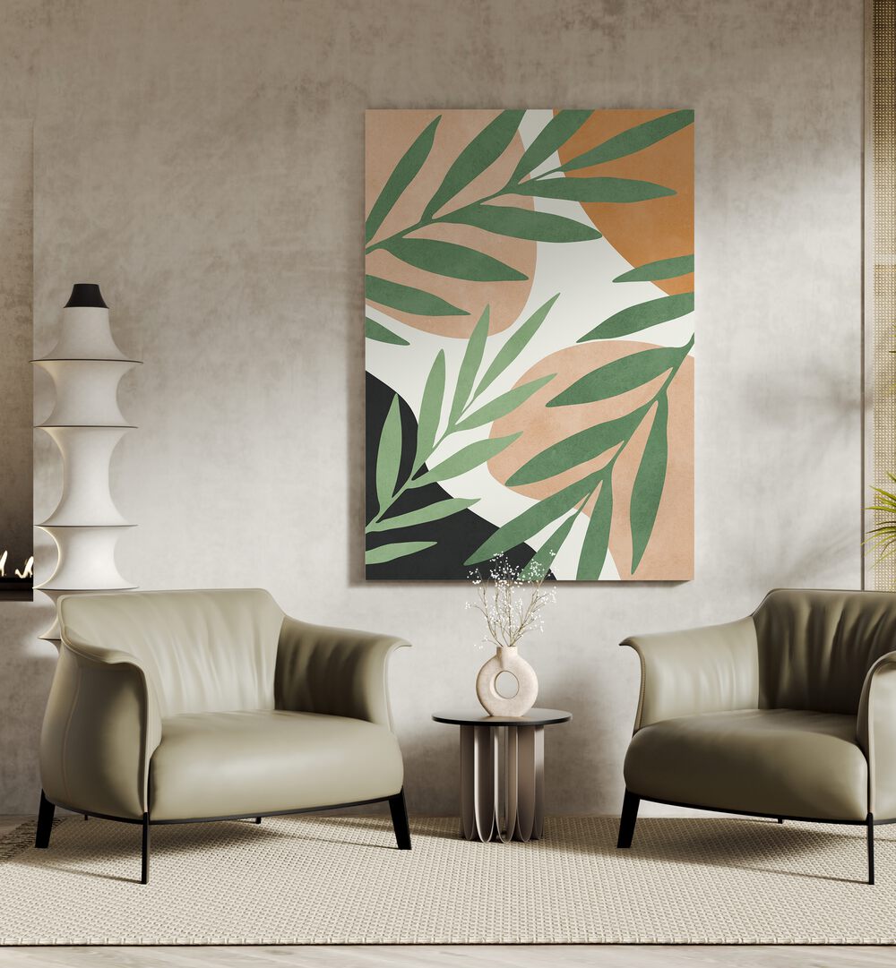Stylish living room featuring TROPICAL V, BOHO ART PAINTINGS, adding a vibrant touch to modern decor.