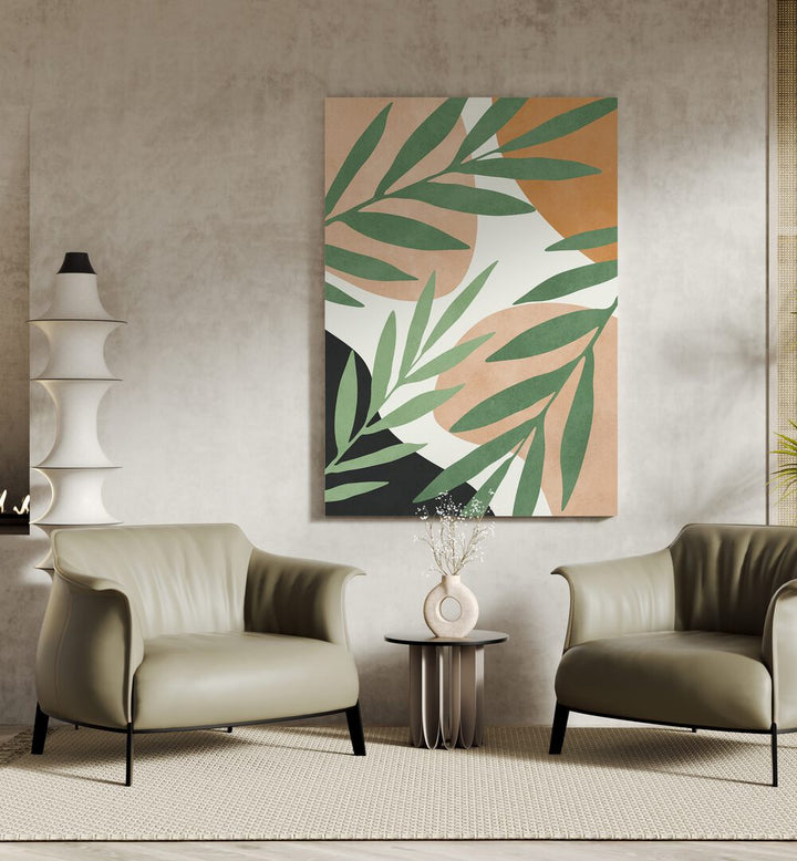 Stylish living room featuring TROPICAL V, BOHO ART PAINTINGS, adding a vibrant touch to modern decor.