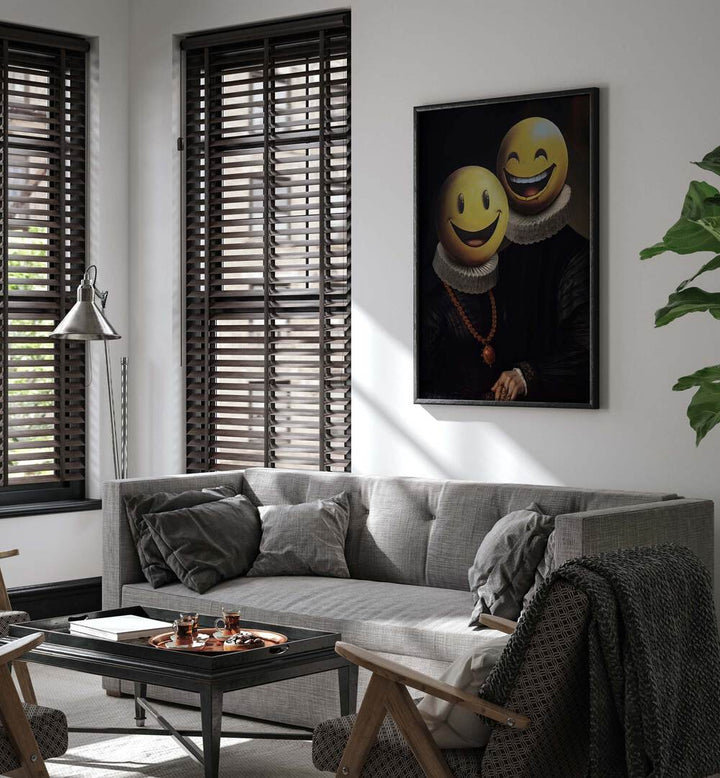 Stylish living room featuring THE SMILERS, ALTERED ART PRINTS by Dikhotomy, adding creativity to your space.