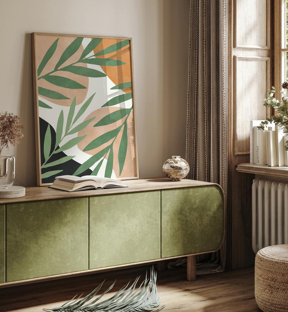 Vibrant TROPICAL V, BOHO ART PAINTINGS adorn a stylish interior, bringing a touch of tropical paradise to your home.