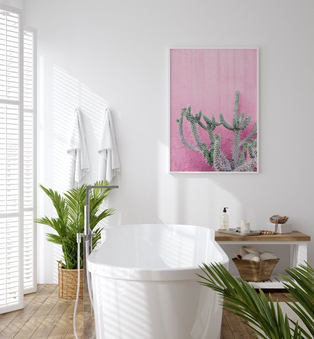 Vibrant CACTUS ON PINK, FLORAL FLOWER PAINTINGS brightening up a modern bathroom space with lush greenery.