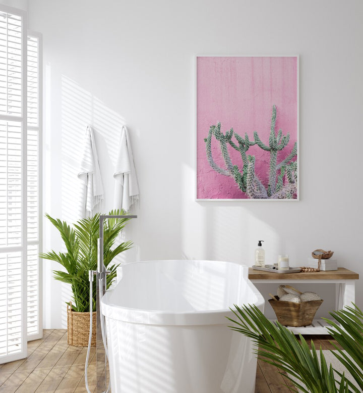 Vibrant CACTUS ON PINK, FLORAL FLOWER PAINTINGS brightening up a modern bathroom space with lush greenery.