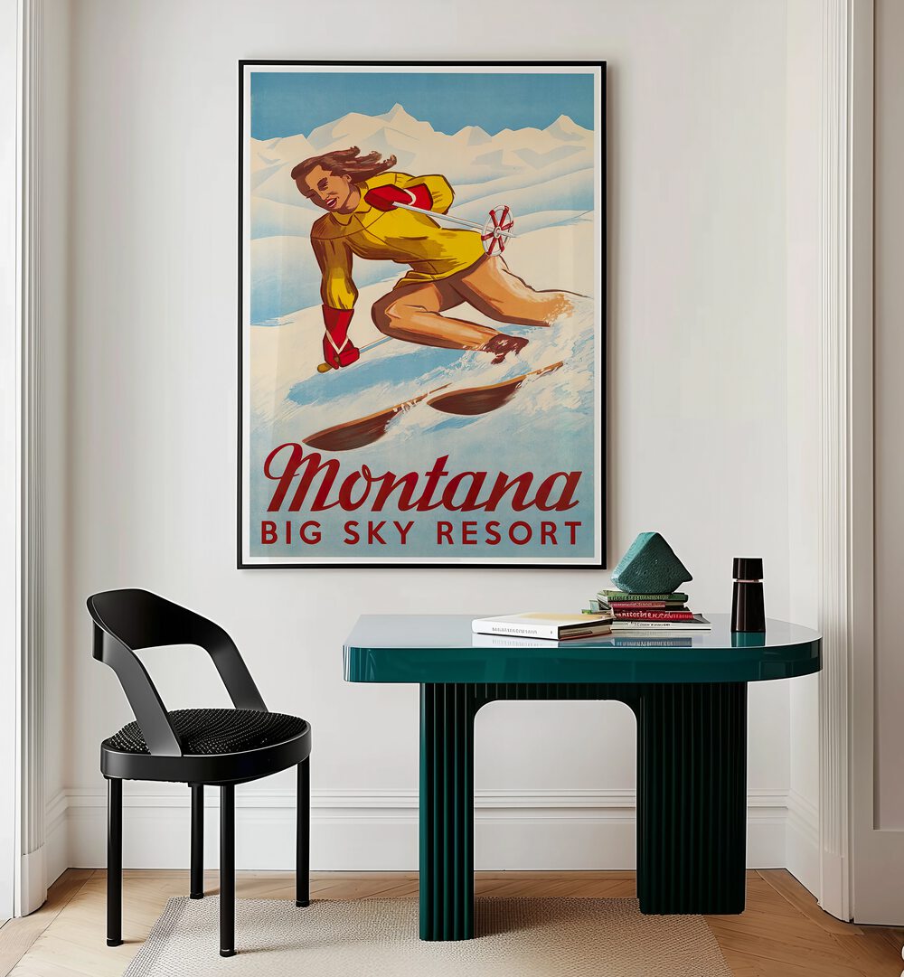 Montana, vintage travel posters showcase a skier at Big Sky Resort, perfect for nostalgic home decor.