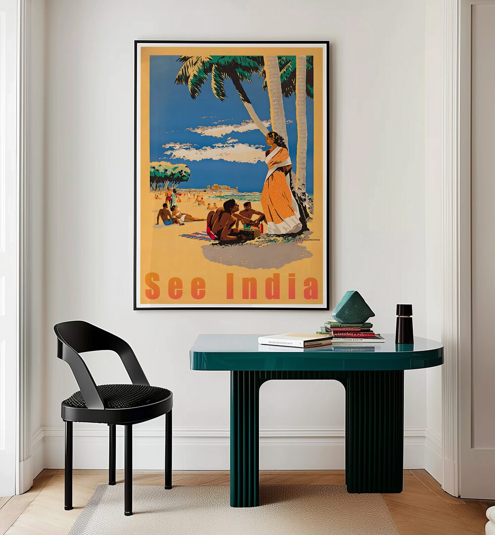 Bright and vibrant SEE INDIA, VINTAGE TRAVEL POSTERS adorn a stylish interior, showcasing India's rich culture and allure.