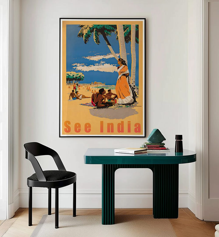 Bright and vibrant SEE INDIA, VINTAGE TRAVEL POSTERS adorn a stylish interior, showcasing India's rich culture and allure.