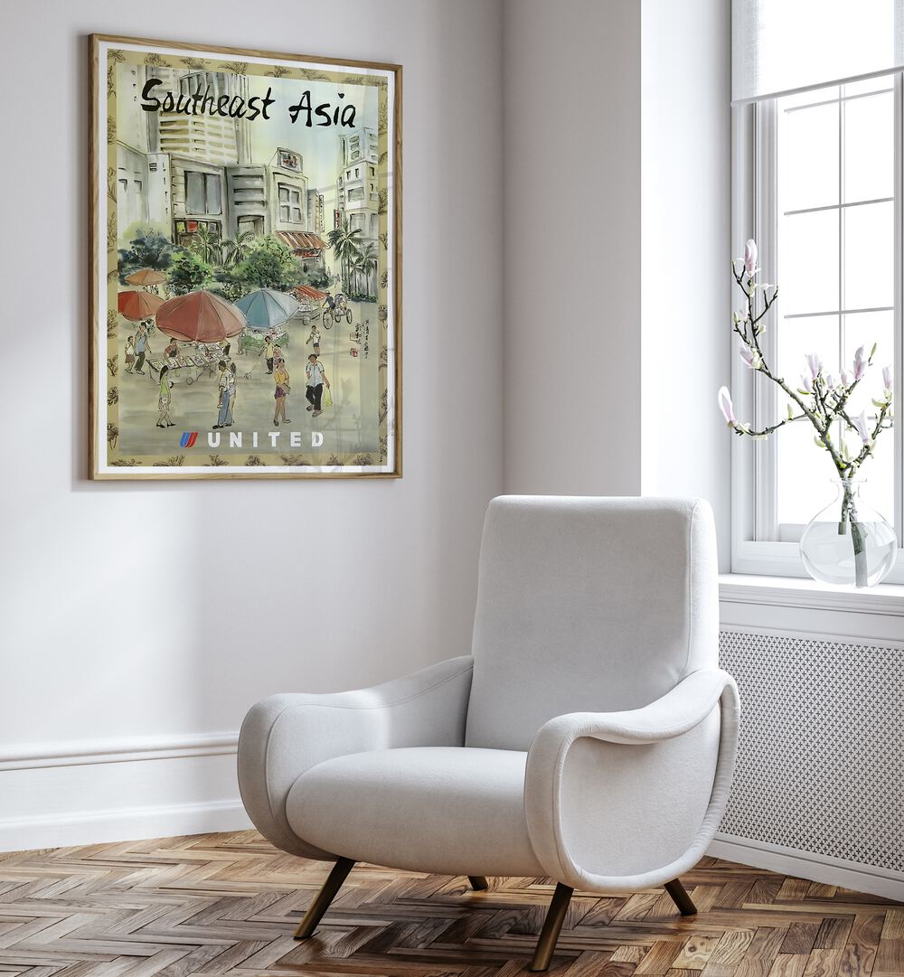 SOUTH EAST ASIA, VINTAGE TRAVEL POSTERS adorn a stylish living room, showcasing vibrant scenes of Southeast Asia.