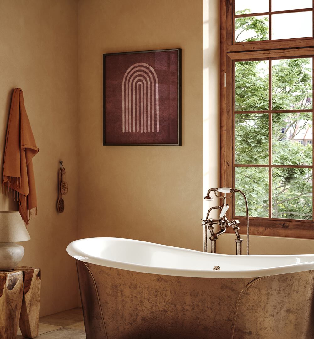 Stylish bathroom featuring VISNE WATERCOLOR RAINBOW, BOHO ART PAINTINGS by Emel Tunaboylu, enhancing elegance and creativity.