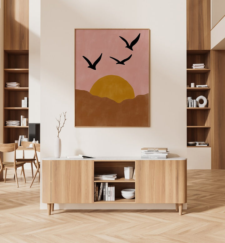 TWILIGHT, LANDSCAPE PAINTINGS by Elena Ristova adorn a modern space, capturing serene sunset moments beautifully.