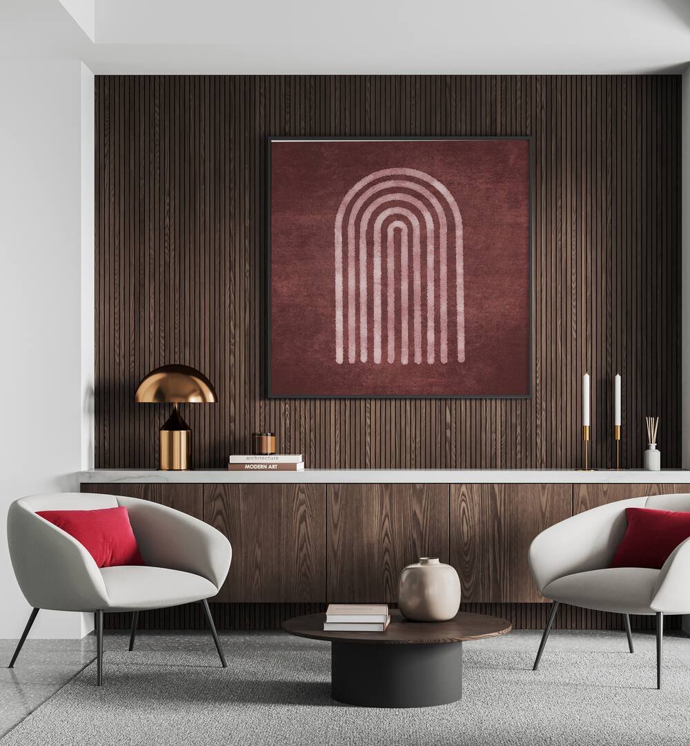 Stylish interior featuring VISNE WATERCOLOR RAINBOW, BOHO ART PAINTINGS by Emel Tunaboylu, enhancing modern decor.