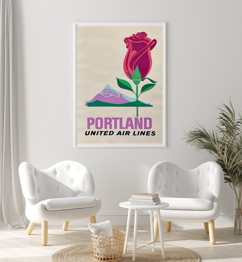 PORTLAND UNITED AIR LINES, VINTAGE TRAVEL POSTERS showcase a classic rose design evoking nostalgic travel vibes.