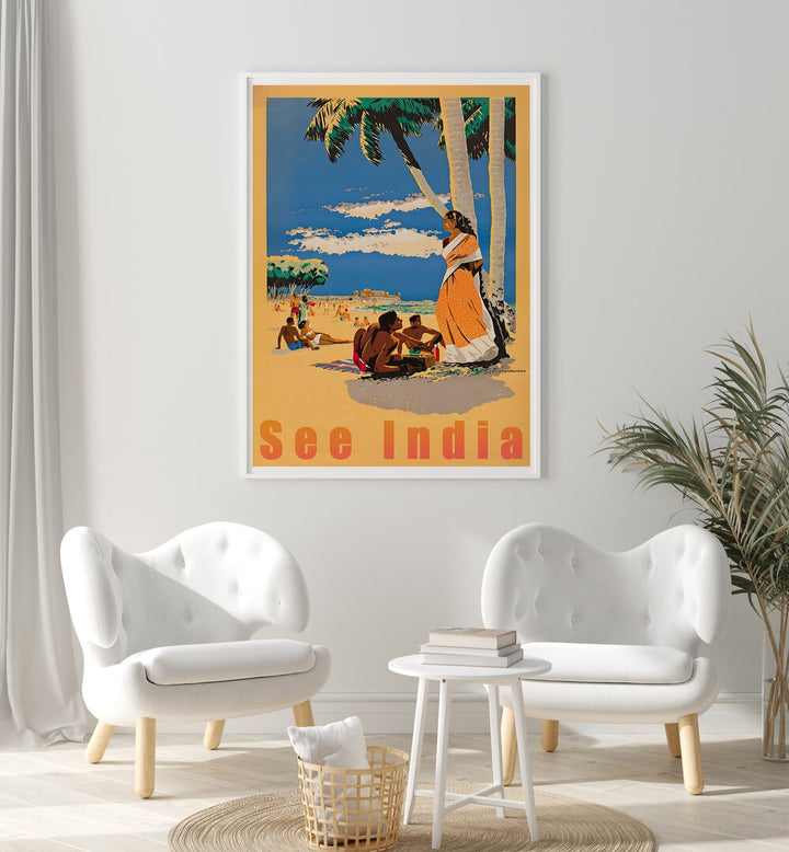 Vibrant SEE INDIA, VINTAGE TRAVEL POSTERS adorning a cozy space, showcasing India's enchanting culture and allure.