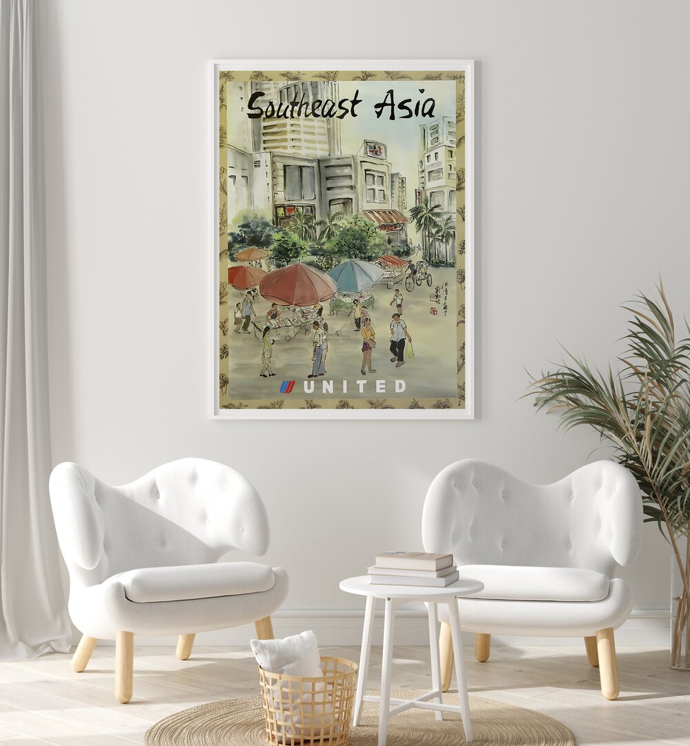 SOUTH EAST ASIA, VINTAGE TRAVEL POSTERS adorn a stylish living room, showcasing vibrant scenes and cultural charm.