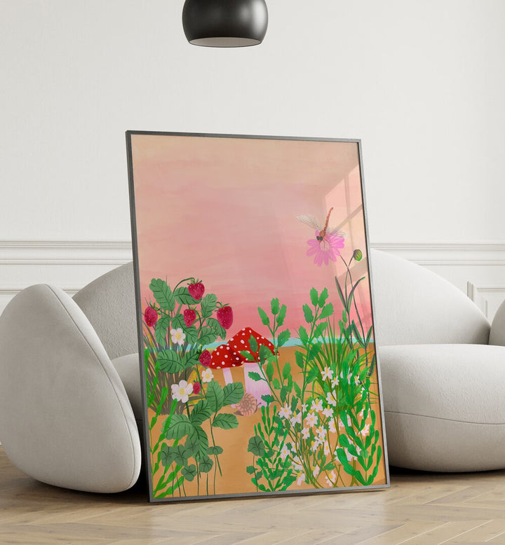 Colorful WILD STRAWBERRY TRAIL, FLORAL FLOWER PAINTINGS showcasing vibrant nature in a cozy home setting.