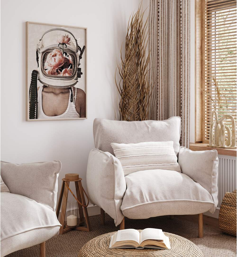 Stylish interior featuring SPACE BLOOM, SURREAL ART PRINTS by Underdott, enhancing modern decor with dreamlike visuals.