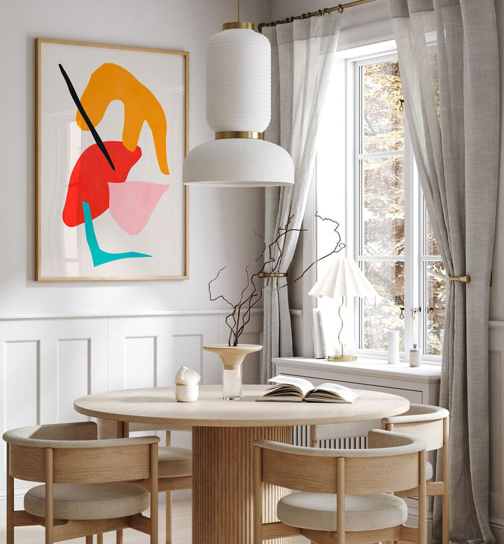 Colorful abstract artwork, EXPRESSIVE XIV, BOHO ART PAINTINGS, enhances a modern dining space with artistic flair.